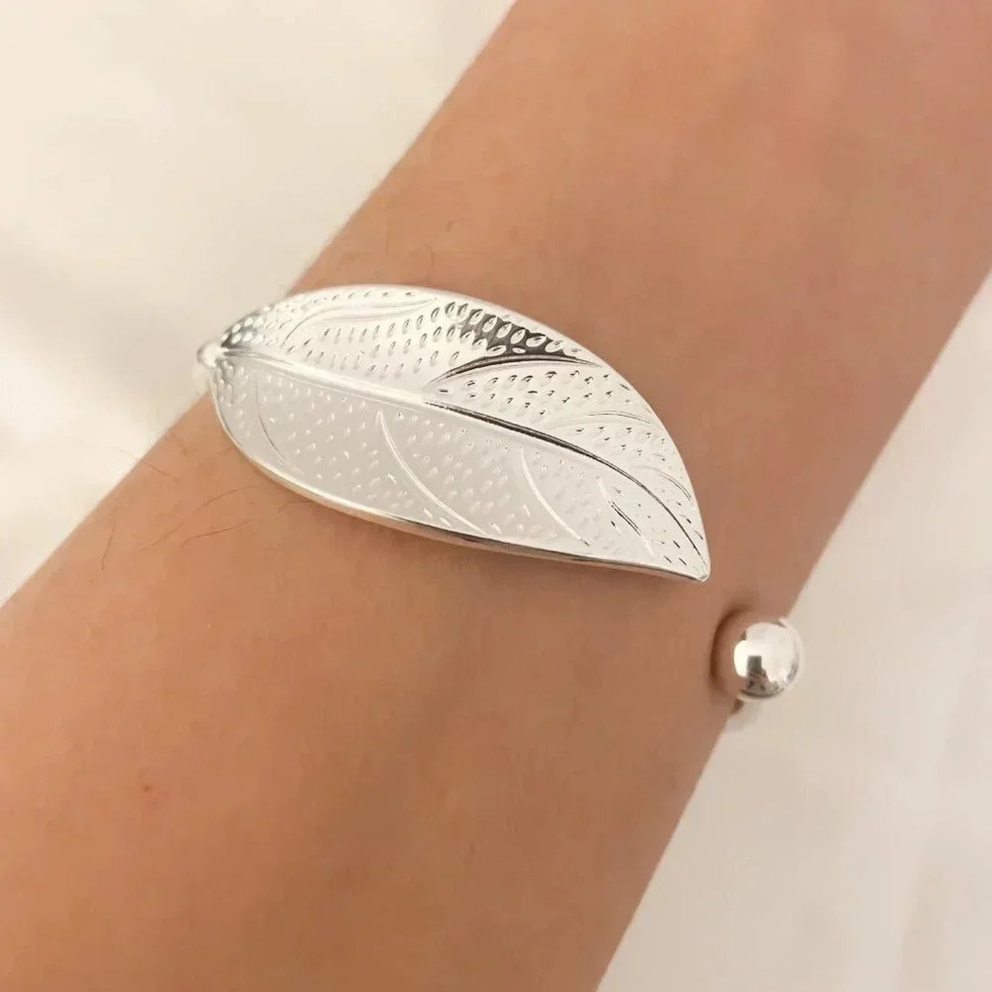 925 Sterling Silver Leaf Bracelet Adjustable Bangle Cuff Statement Bracelet