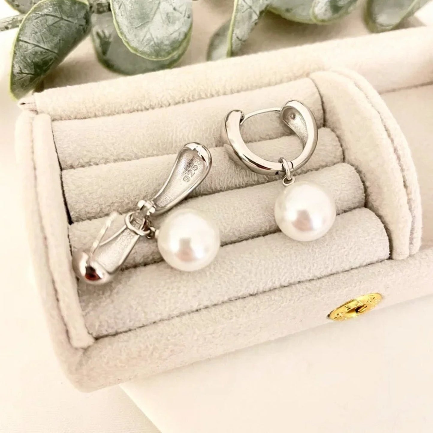 925 Sterling Silver Pearl Hoop Earrings Pearl Dangle Earrings