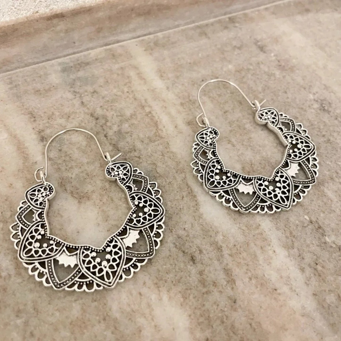 925 Sterling Silver Ethnic Boho Hoop Earrings Large Silver Hoop Vintage Earrings