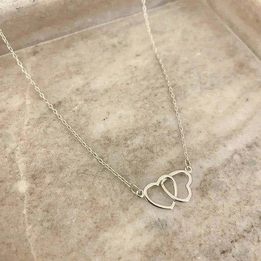 925 Sterling Silver Double Heart Linked Necklace Interlocking Hearts Necklace