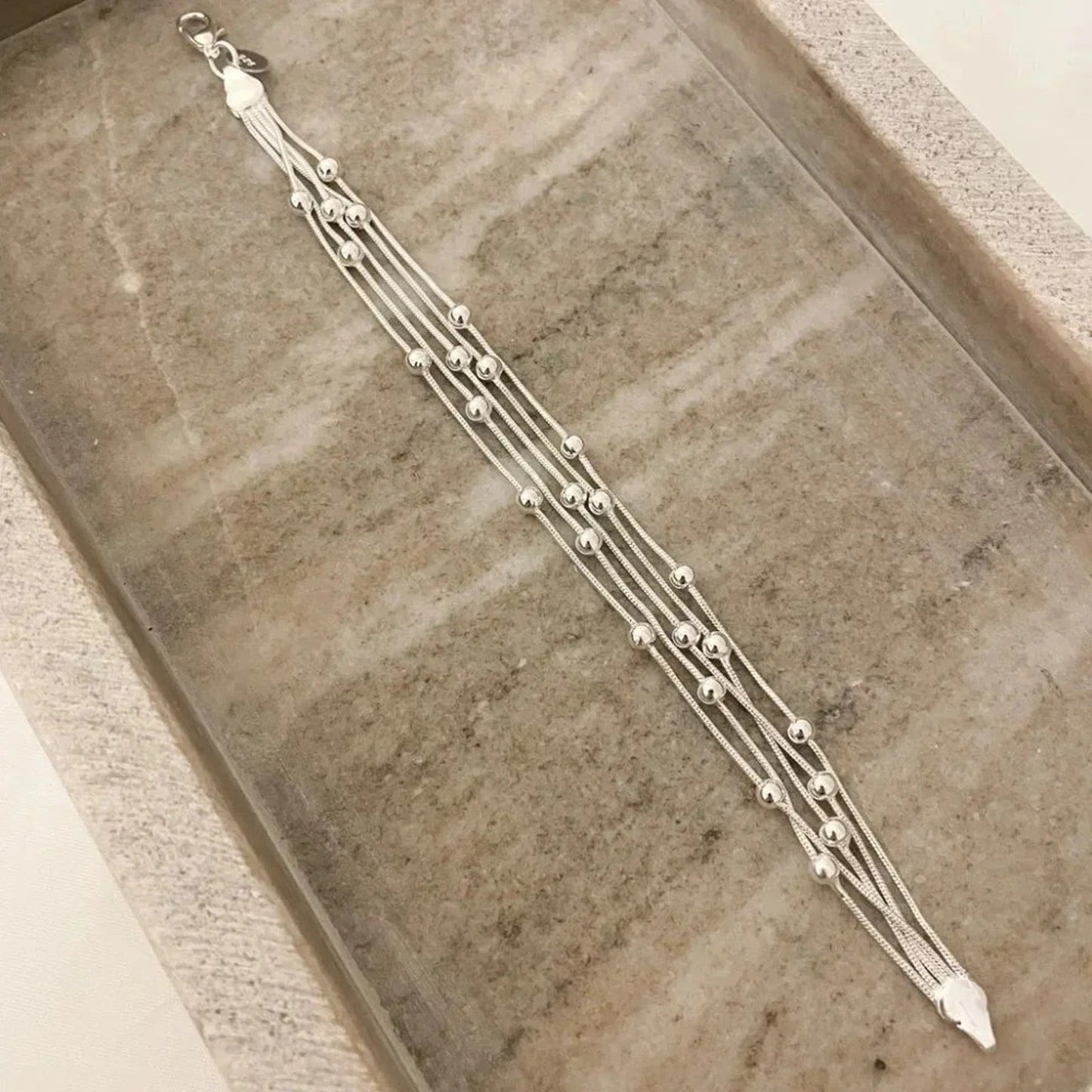 925 Sterling Silver Multi Layer Bead Bracelet Minimalist Stacking Bracelet