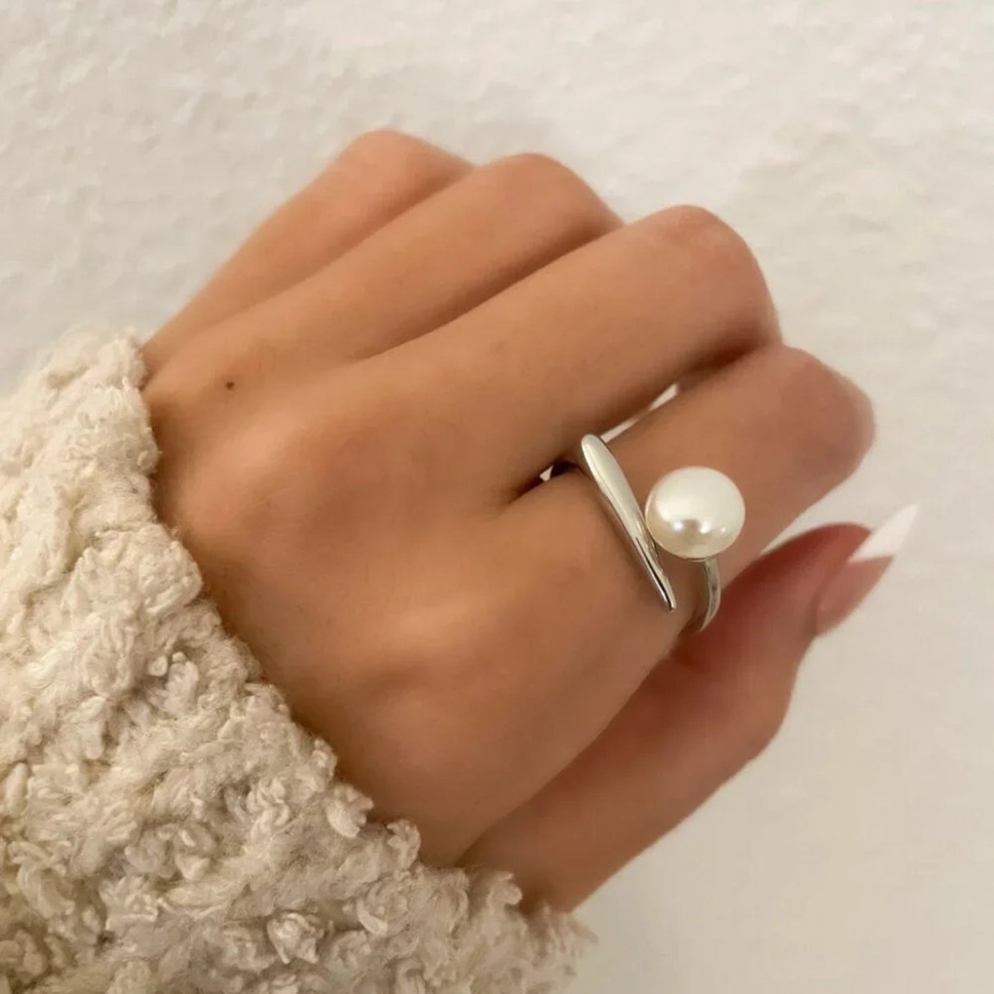 925 Sterling Silver Pearl Ring Bar Ring Minimalist Dainty Ring Pearl Accent Ring