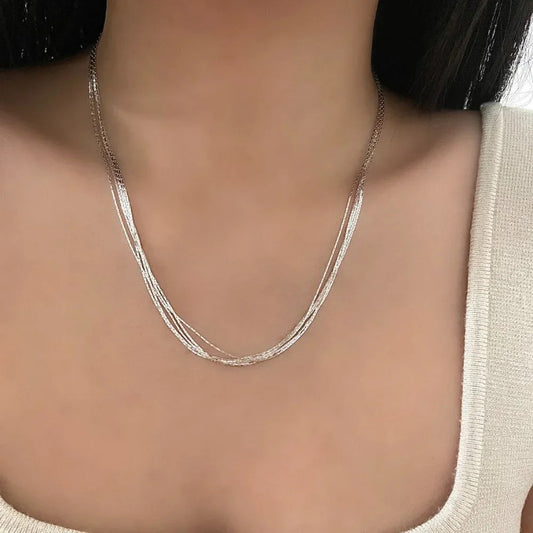 925 Sterling Silver Multi Layer Necklace Thin Herringbone Chain Necklace