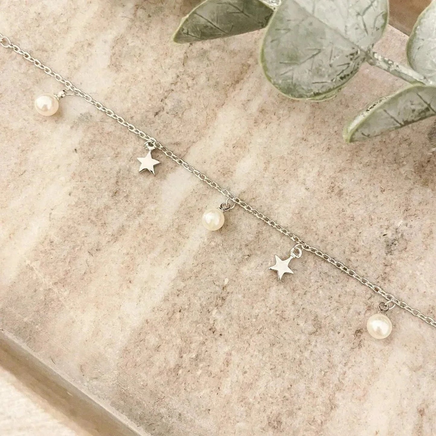 925 Sterling Silver Pearl & Star Charm Bracelet Dainty Bracelet Pearl Bracelet