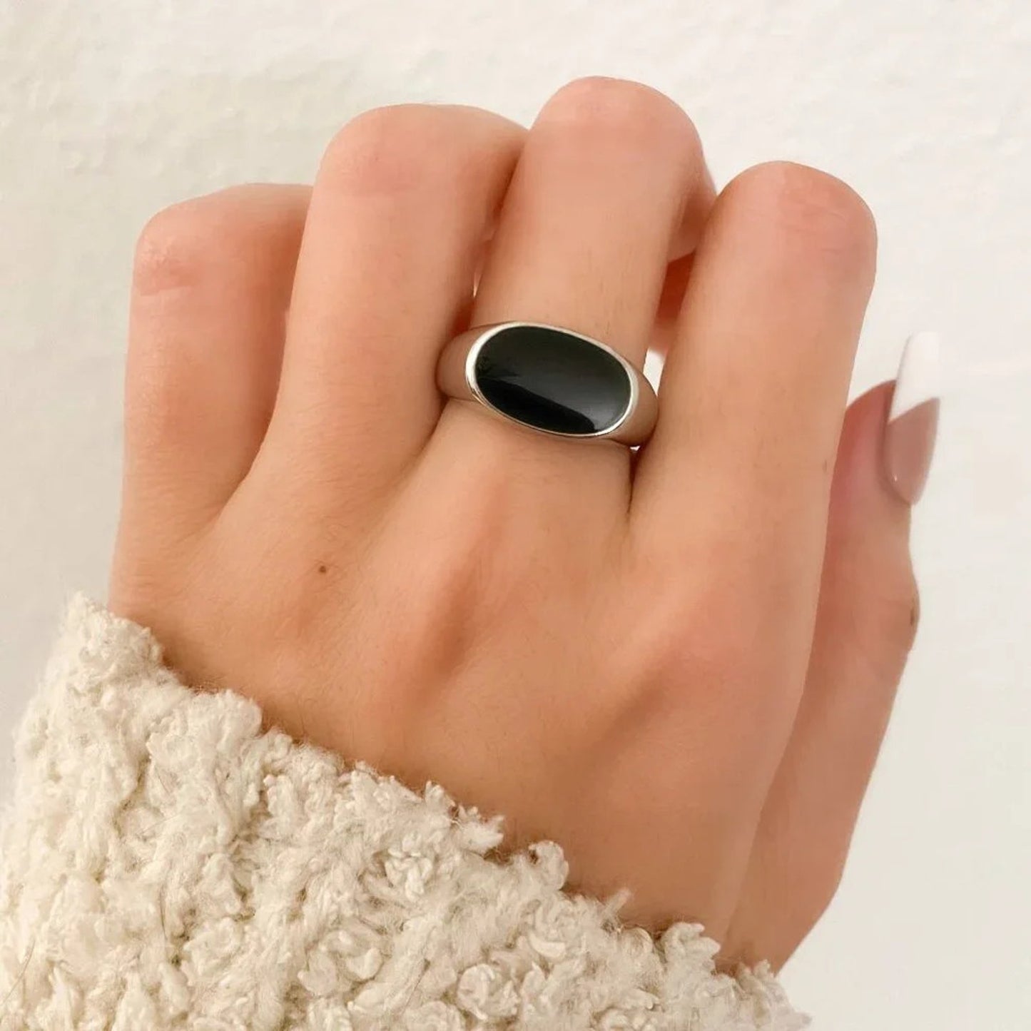 925 Sterling Silver Black Oval Ring Chunky Ring Minimalist Geometric Ring