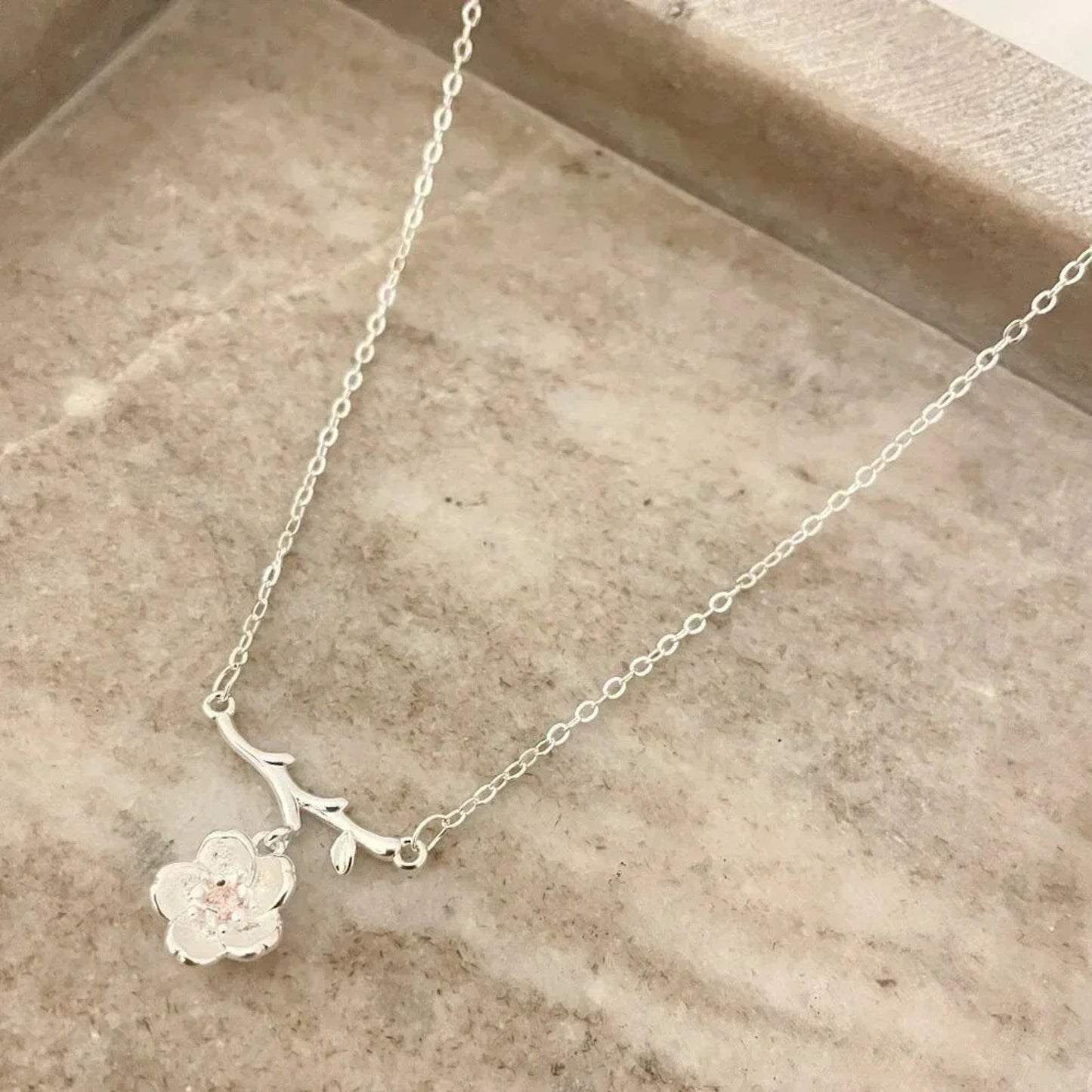 925 Sterling Silver Flower Necklace Dainty Minimalist Necklace White & Pink