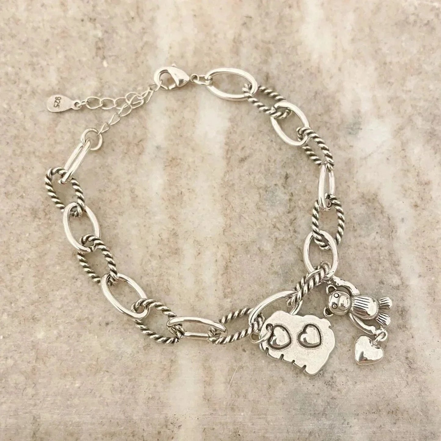 925 Sterling Silver Bear Bracelet Heart Charm Bracelet Silver Link Bracelet