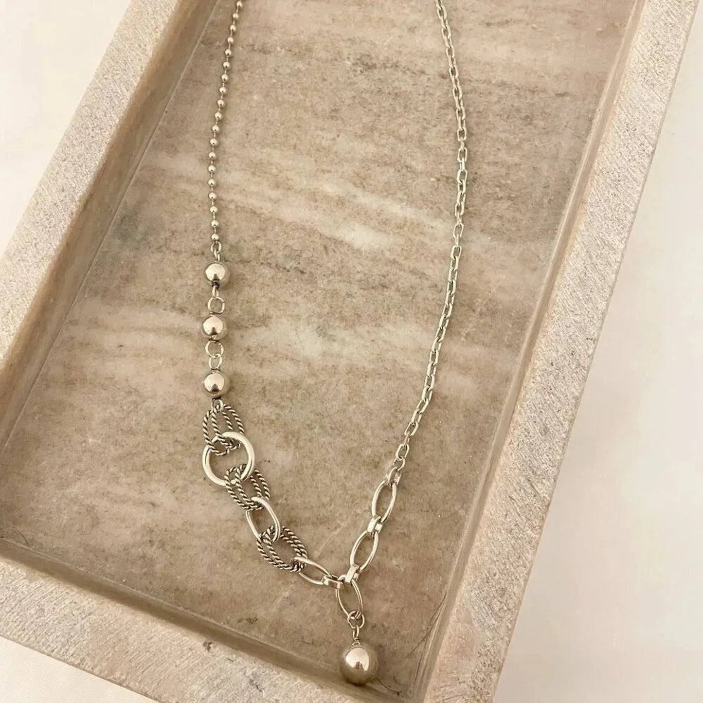 925 Sterling Silver Chain Link Ball Necklace Modern Asymmetric Bead Necklace