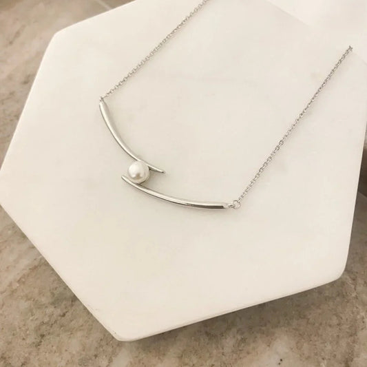 925 Sterling Silver Double Bar Pearl Necklace Chopstick Geometric Tube Necklace