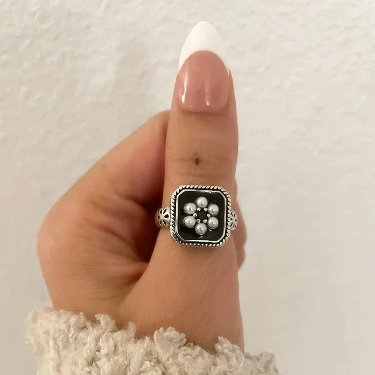 925 Sterling Silver Chunky Ring Statement Ring Pearl Ring Pearl Flower Ring
