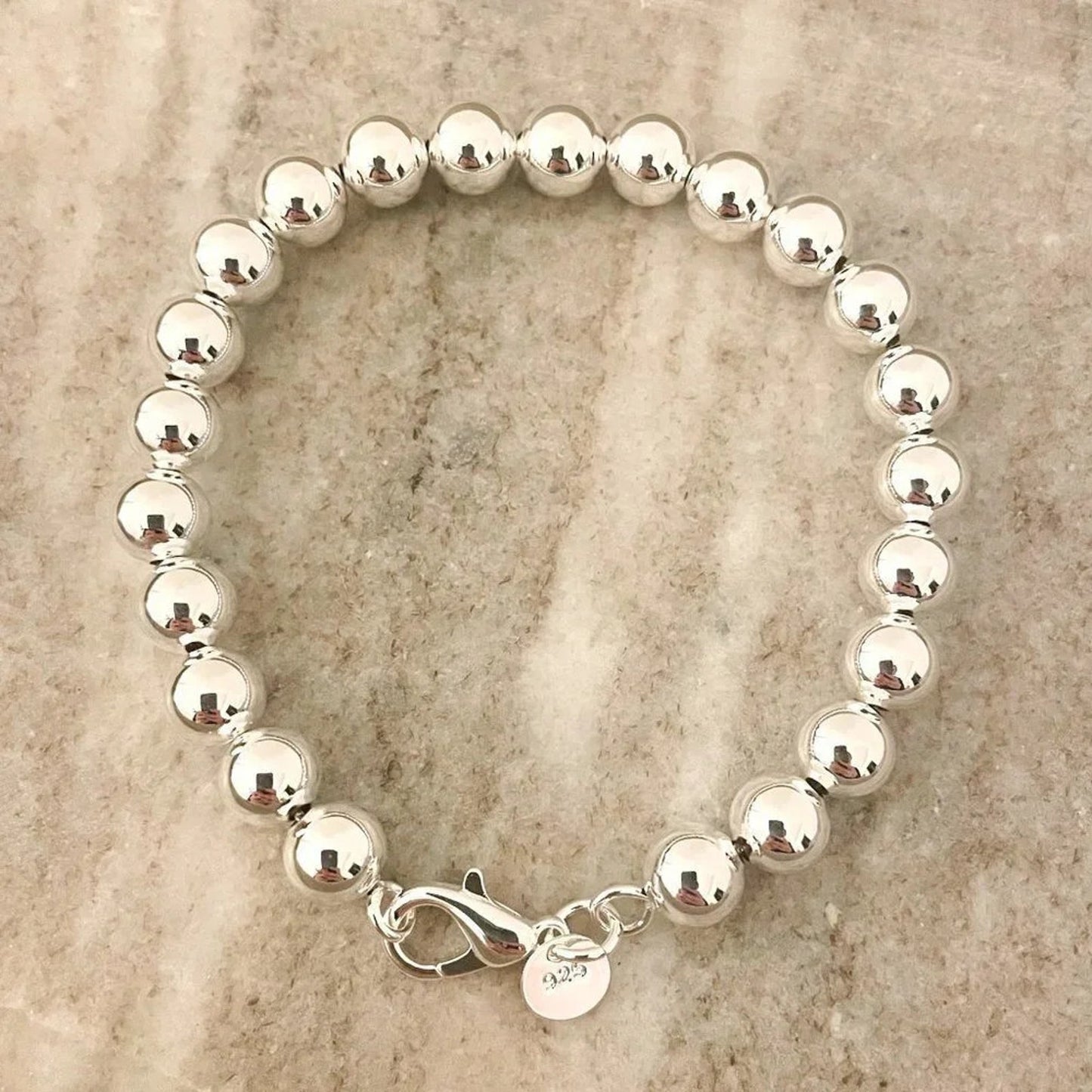 925 Sterling Silver Bead Bracelet 8 mm Ball Bracelet Large Round Bracelet