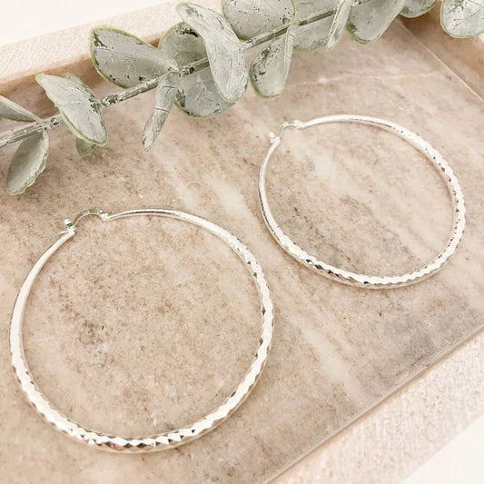925 Sterling Silver Hoop Earrings Textured Large Hoop Earrings Diamond Cut Hoops