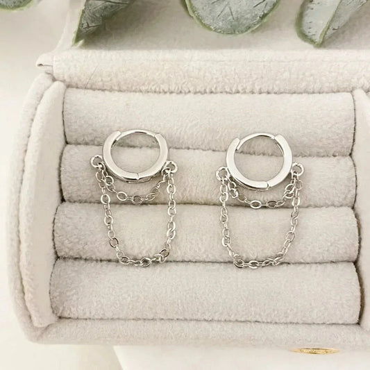 925 Sterling Silver Huggie Earrings Dangle Chain Earrings Small Hoops Huggies