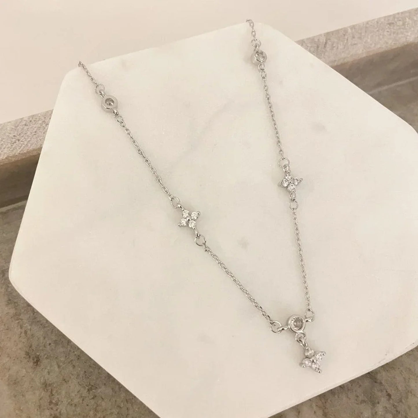 925 Sterling Silver Dainty Flower Crystal Necklace Delicate Minimalist Necklace