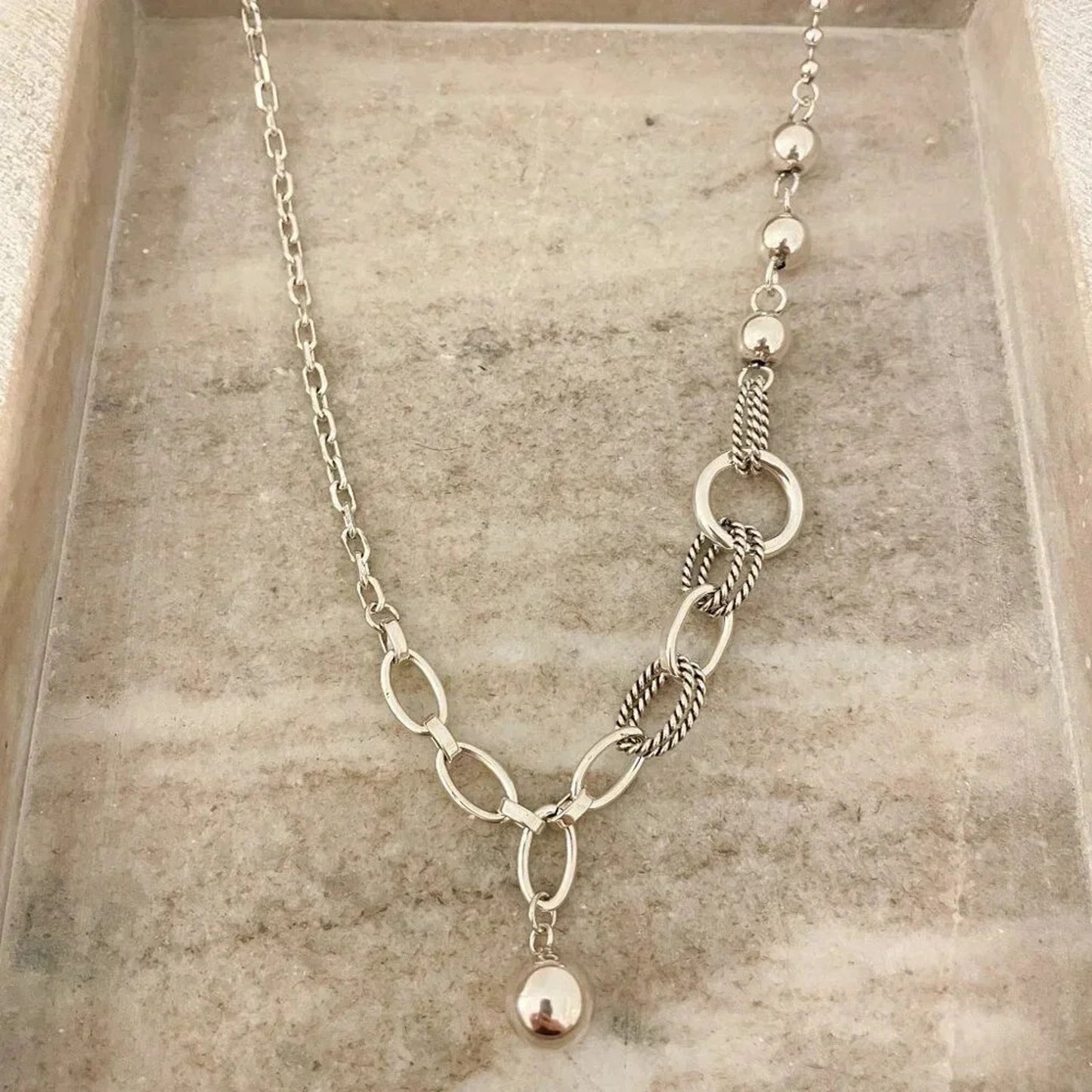 925 Sterling Silver Chain Link Ball Necklace Modern Asymmetric Bead Necklace