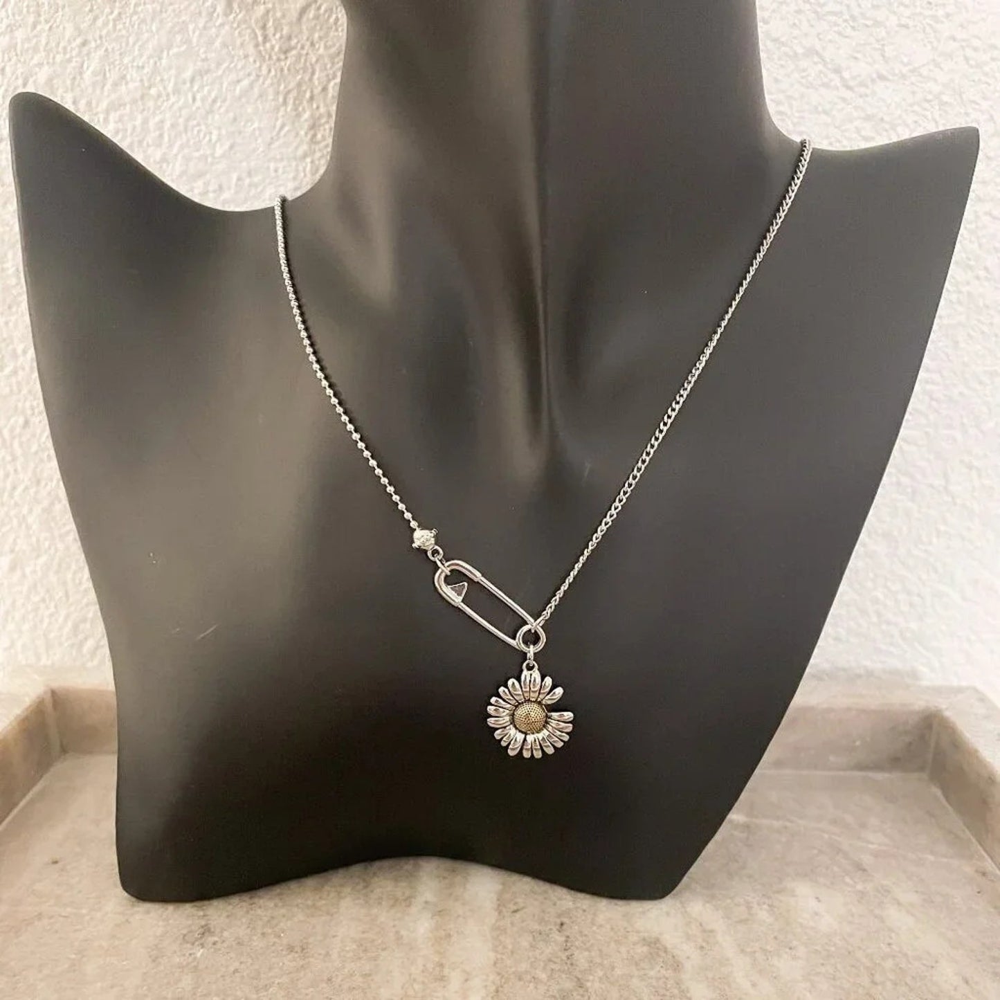 925 Sterling Silver Sunflower Necklace Modern Flower Necklace Paperclip Necklace