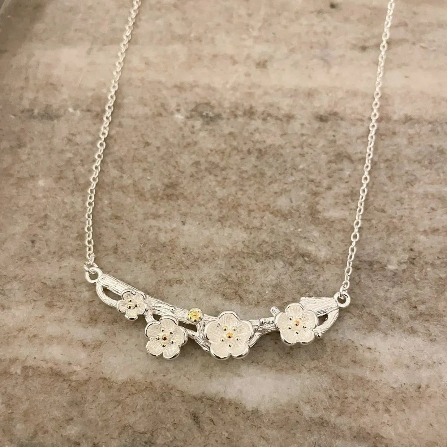 925 Sterling Silver Flower Bar Necklace Flower Necklace Branch Twig Necklace
