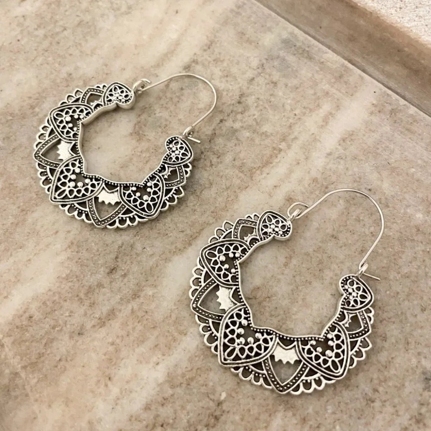 925 Sterling Silver Ethnic Boho Hoop Earrings Large Silver Hoop Vintage Earrings