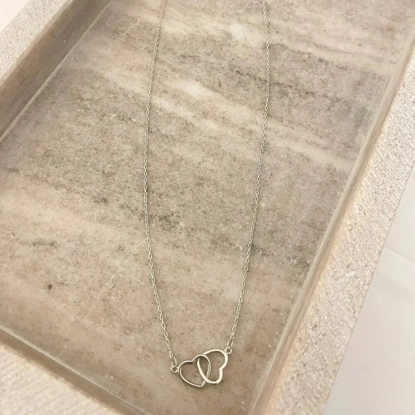925 Sterling Silver Double Heart Linked Necklace Interlocking Hearts Necklace