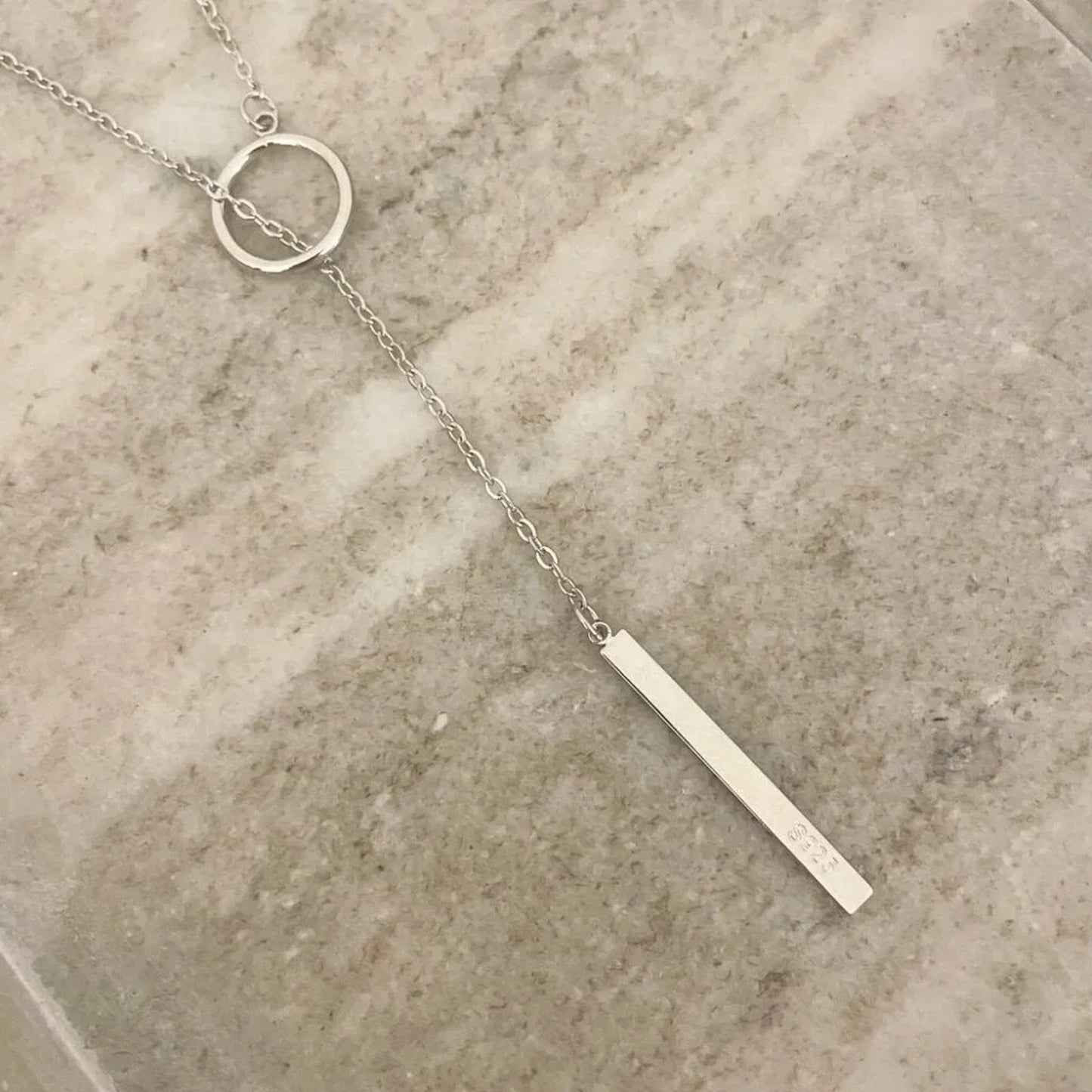 925 Sterling Silver Long Bar Lariat Necklace Long Drop Circle & Bar Necklace