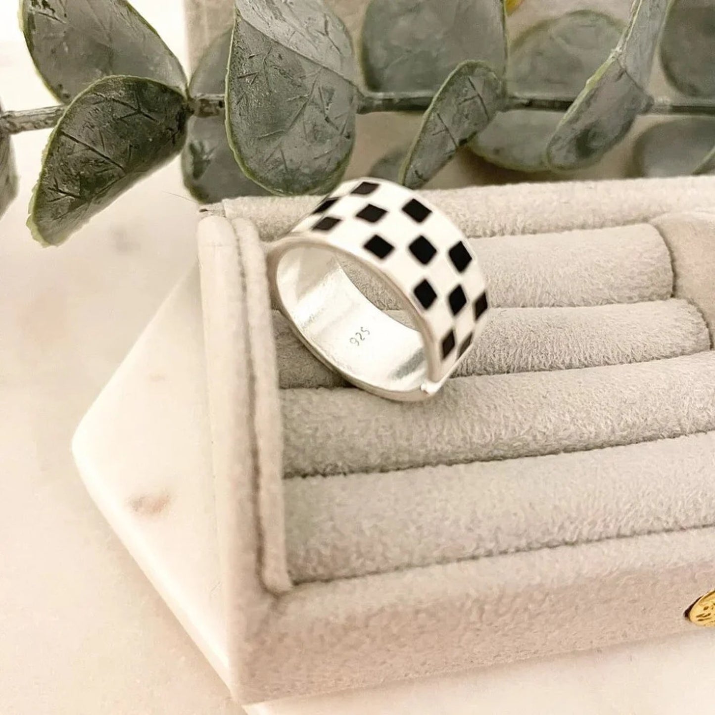 925 Sterling Silver Black & White Checkered Ring Minimalist Ring