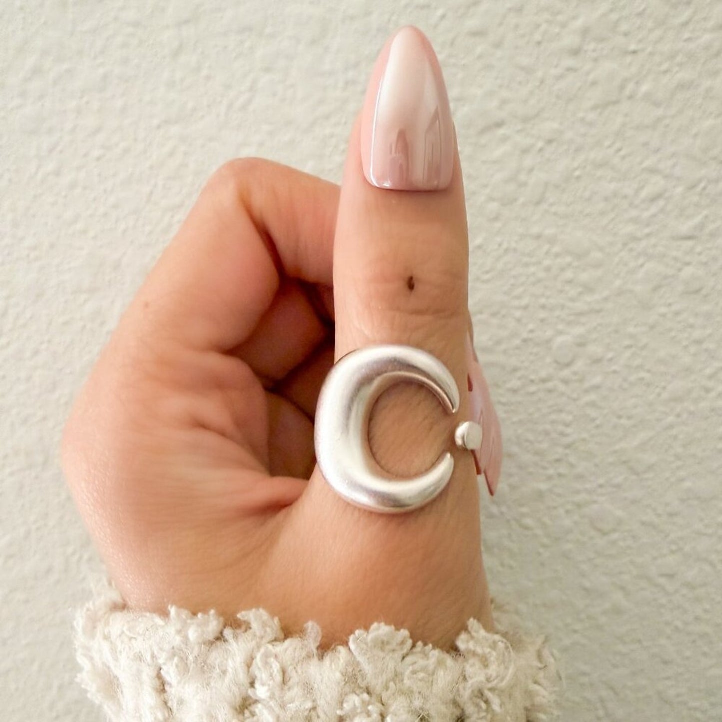 925 Sterling Silver Textured Ring Band Chunky Ring Crescent Ring Moon Ring