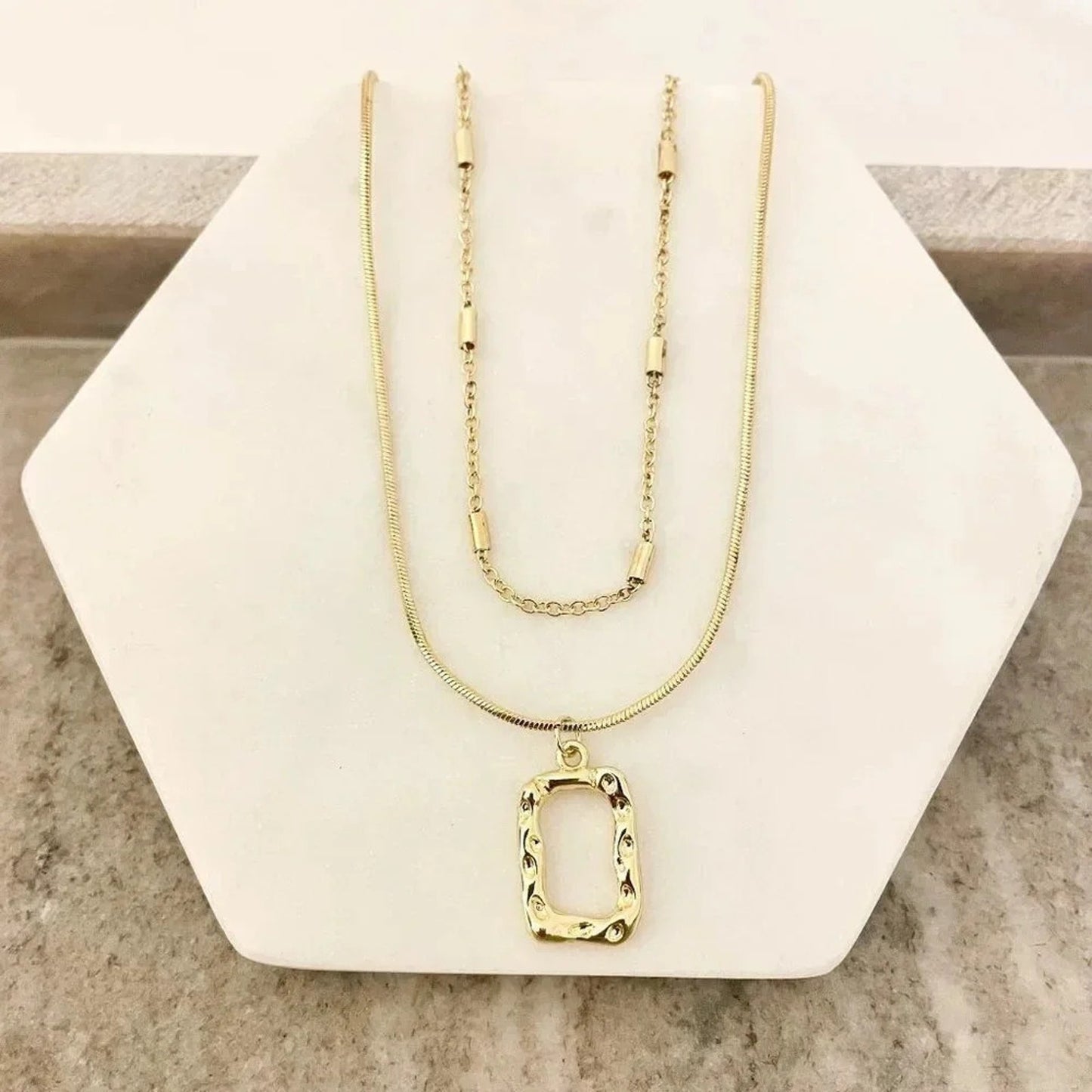 925 Sterling Silver Necklace Set Geometric Textured Square Pendant Sequin Chain