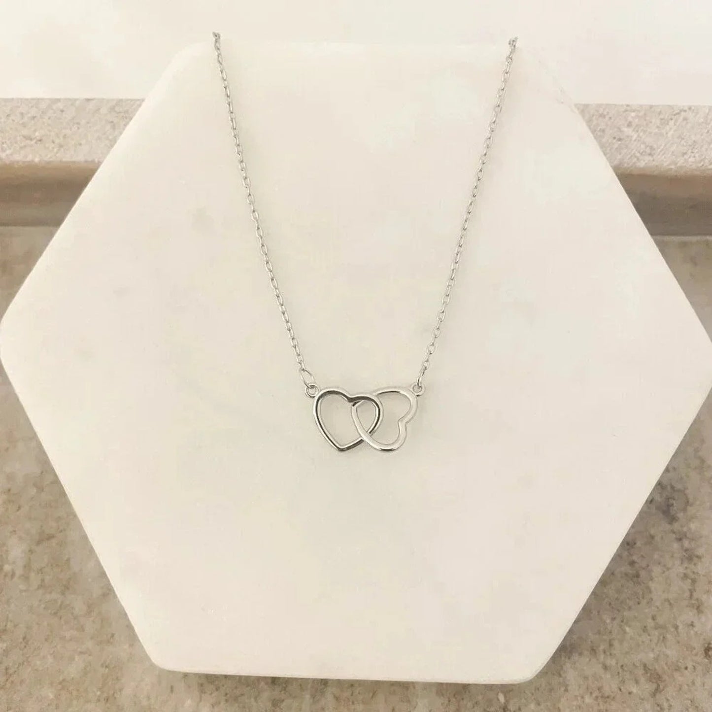 925 Sterling Silver Double Heart Linked Necklace Interlocking Hearts Necklace