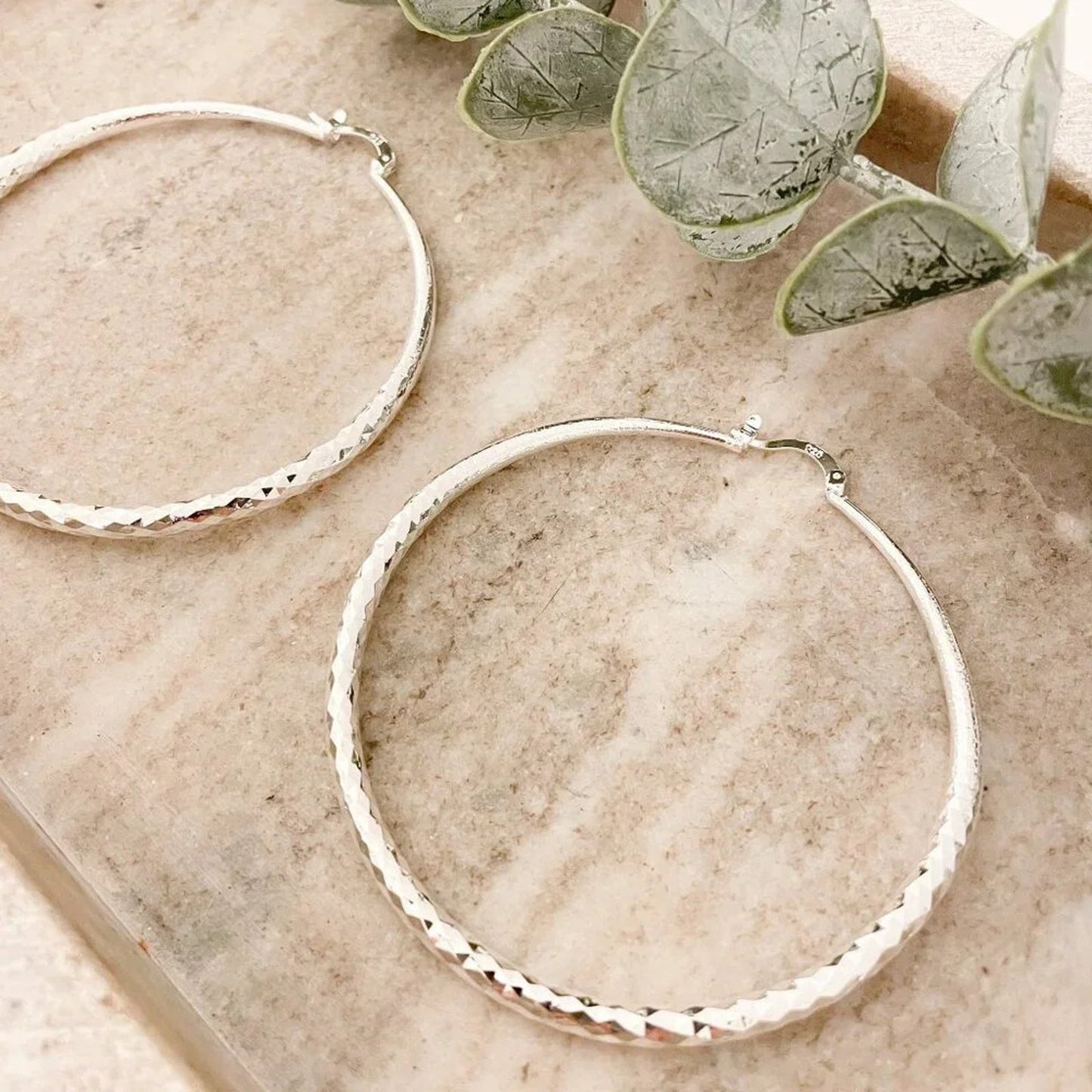 925 Sterling Silver Hoop Earrings Textured Large Hoop Earrings Diamond Cut Hoops