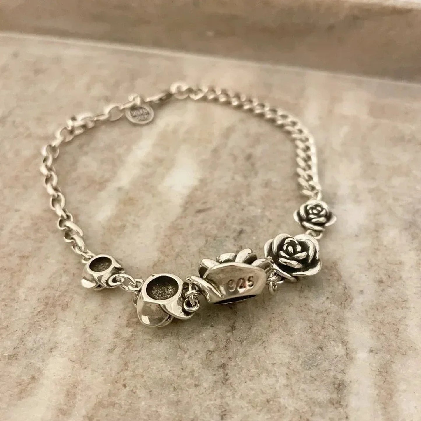 925 Sterling Silver Vintage Rose Bracelet Chain Link Bracelet Flower Bracelet