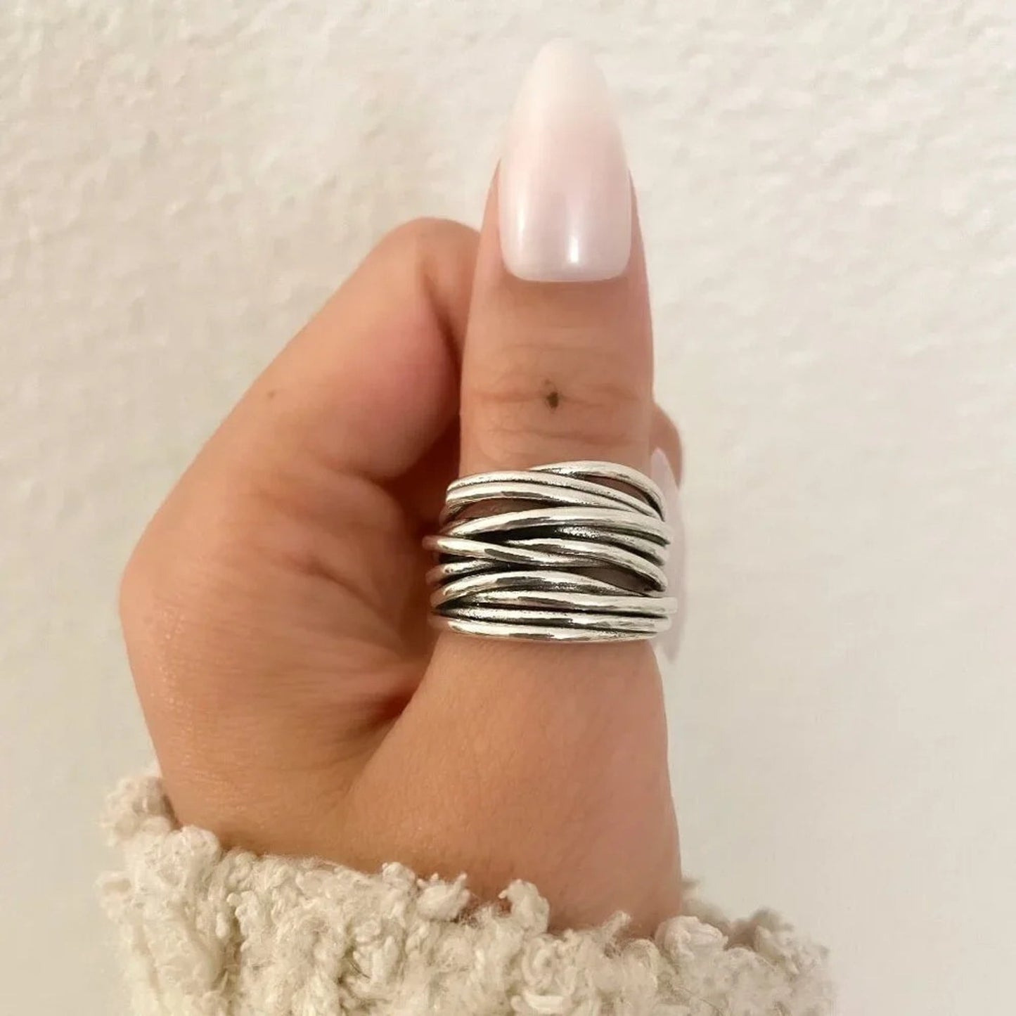 925 Sterling Silver Chunky Ring Thick Wide Ring Band Multi Layer Vintage Ring
