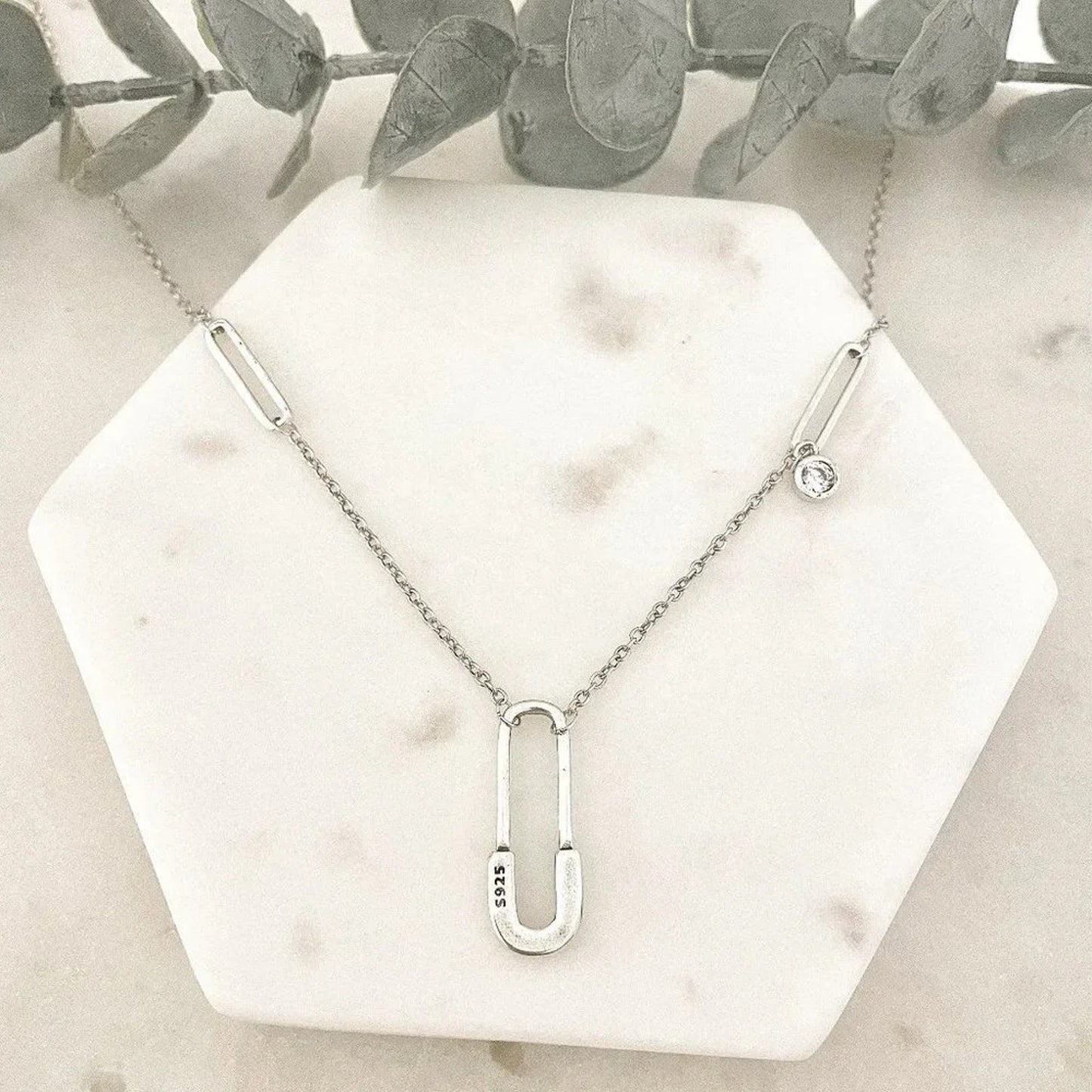 925 Sterling Silver Paperclip Necklace Safety Pin Necklace Modern Necklace