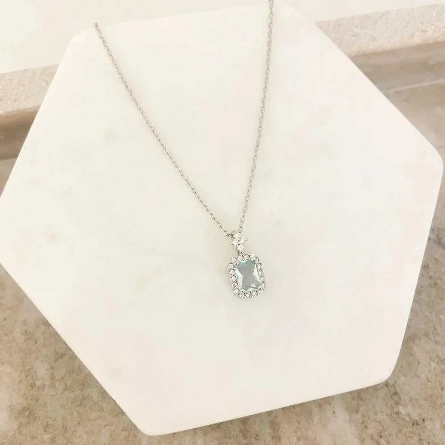 925 Sterling Silver Aquamarine Pendant Necklace Dainty CZ Diamond Necklace