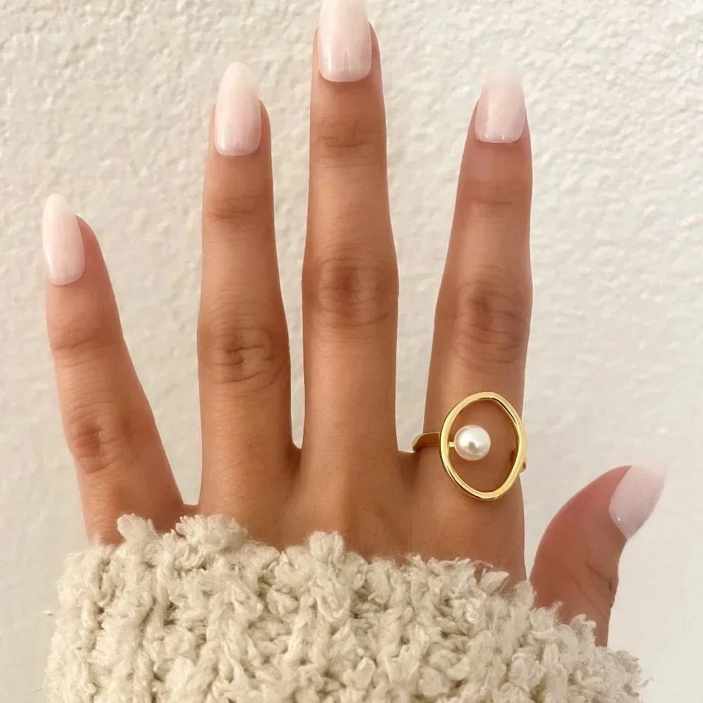 925 Sterling Silver Gold Pearl Statement Ring Boho Minimalist Oval Round Ring