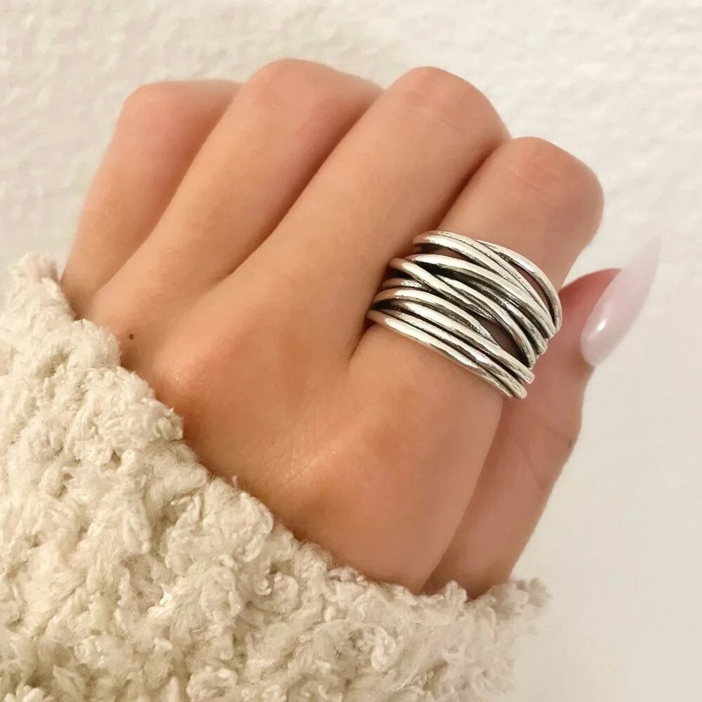 925 Sterling Silver Chunky Ring Thick Wide Ring Band Multi Layer Vintage Ring