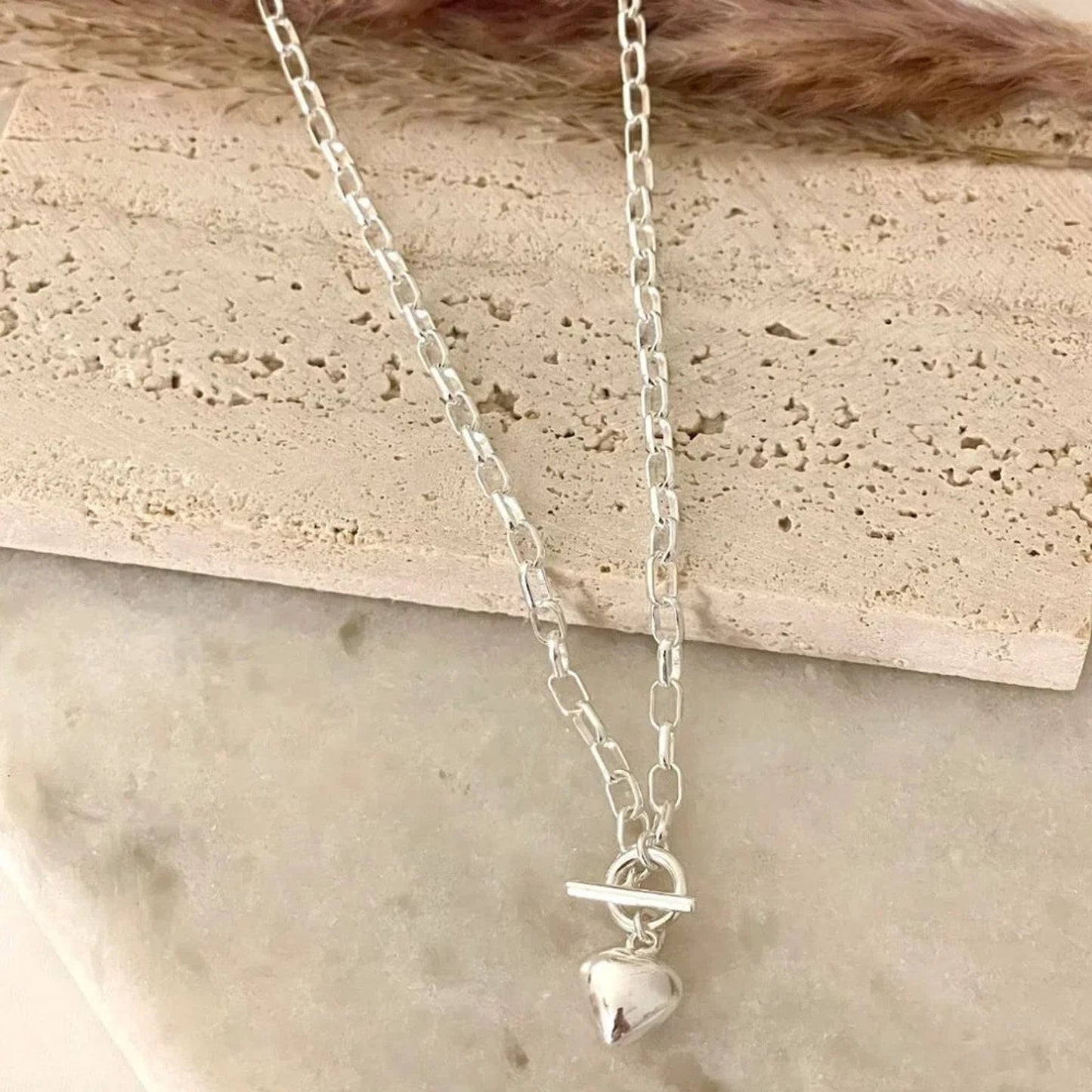 925 Sterling Silver Heart Necklace Chunky Toggle Link Necklace