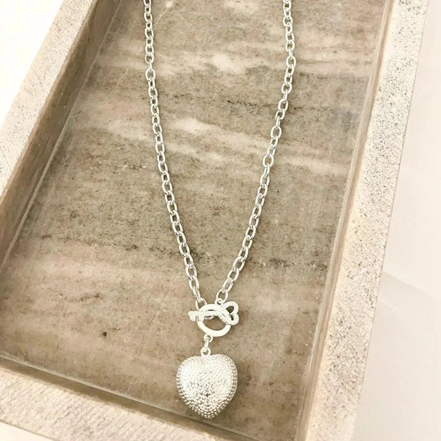 925 Sterling Silver Chunky Heart Necklace Heart and Key Toggle Chain Necklace