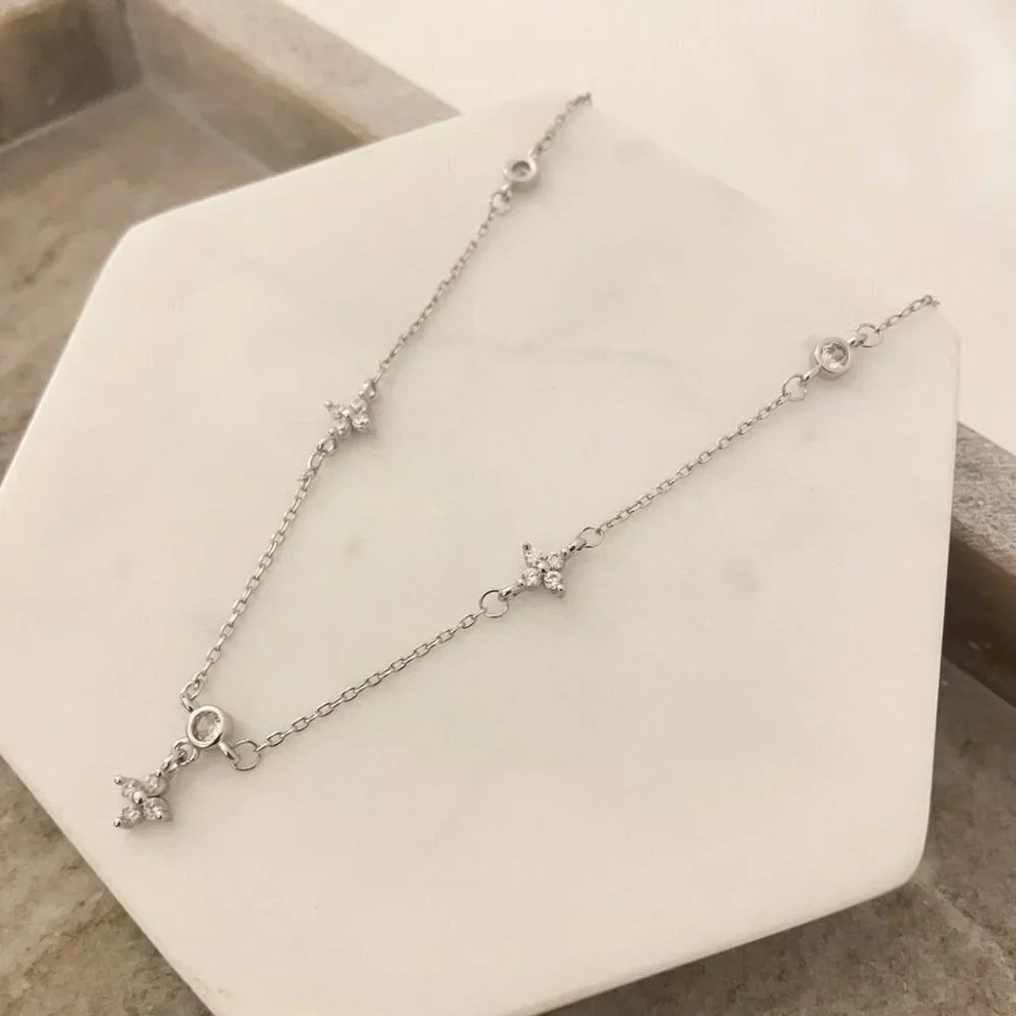 925 Sterling Silver Dainty Flower Crystal Necklace Delicate Minimalist Necklace