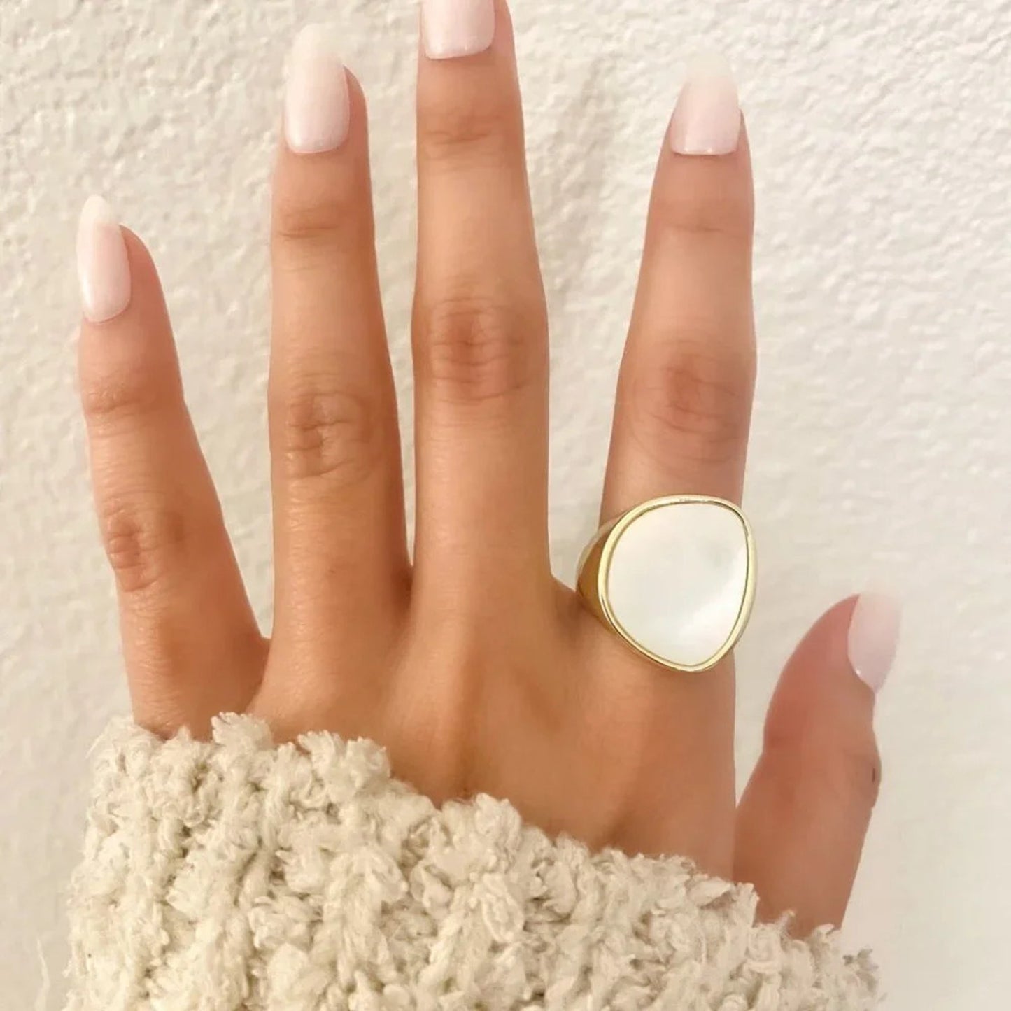 925 Sterling Silver Chunky Mother of Pearl Gold Statement Ring Thick Large Ring