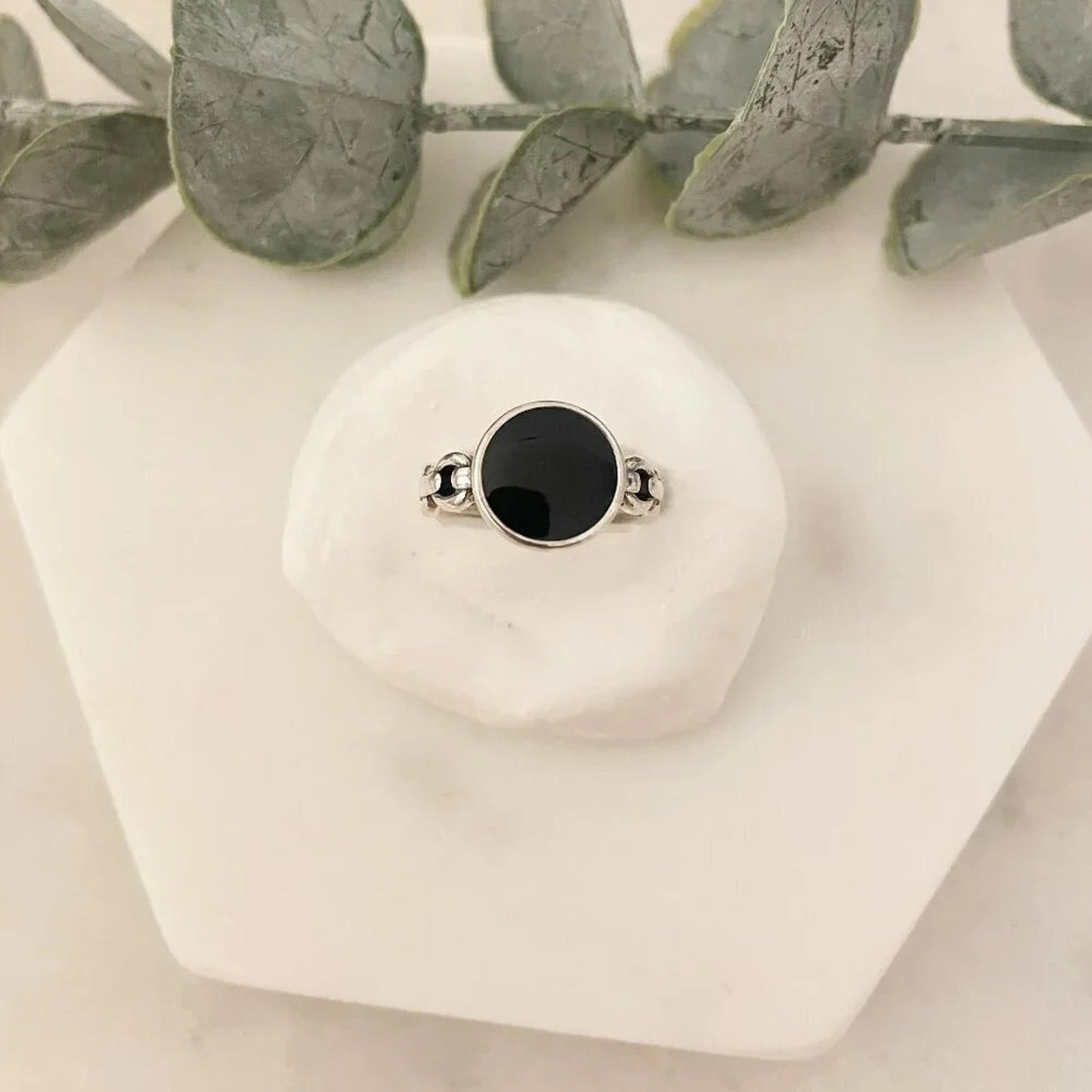 925 Sterling Silver Black Circle Ring Curb Chain Ring Band Minimalist Ring