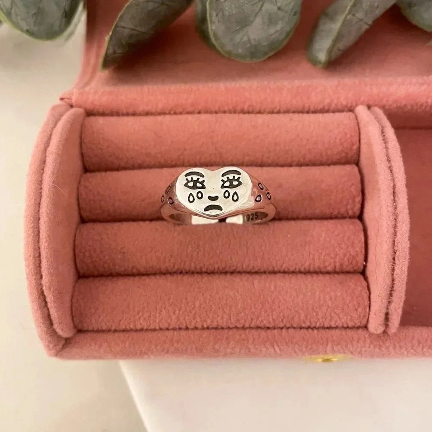 925 Sterling Silver Minimalist Crying Face Ring Sad Face Ring Geometric Ring