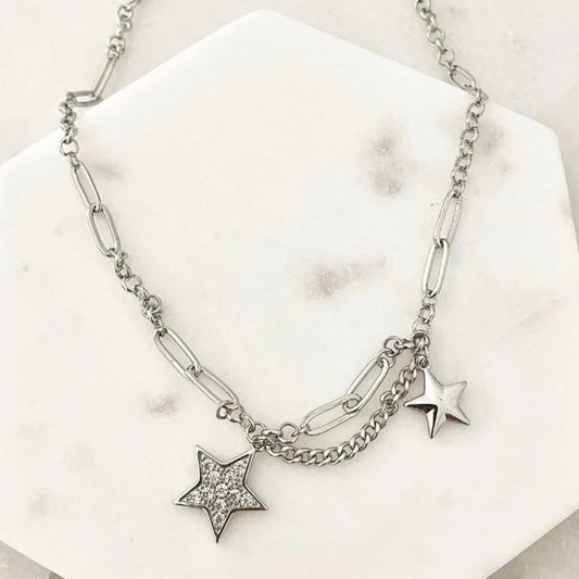 925 Sterling Silver Star Chain Link Necklace Dangle Chain Vintage Necklace