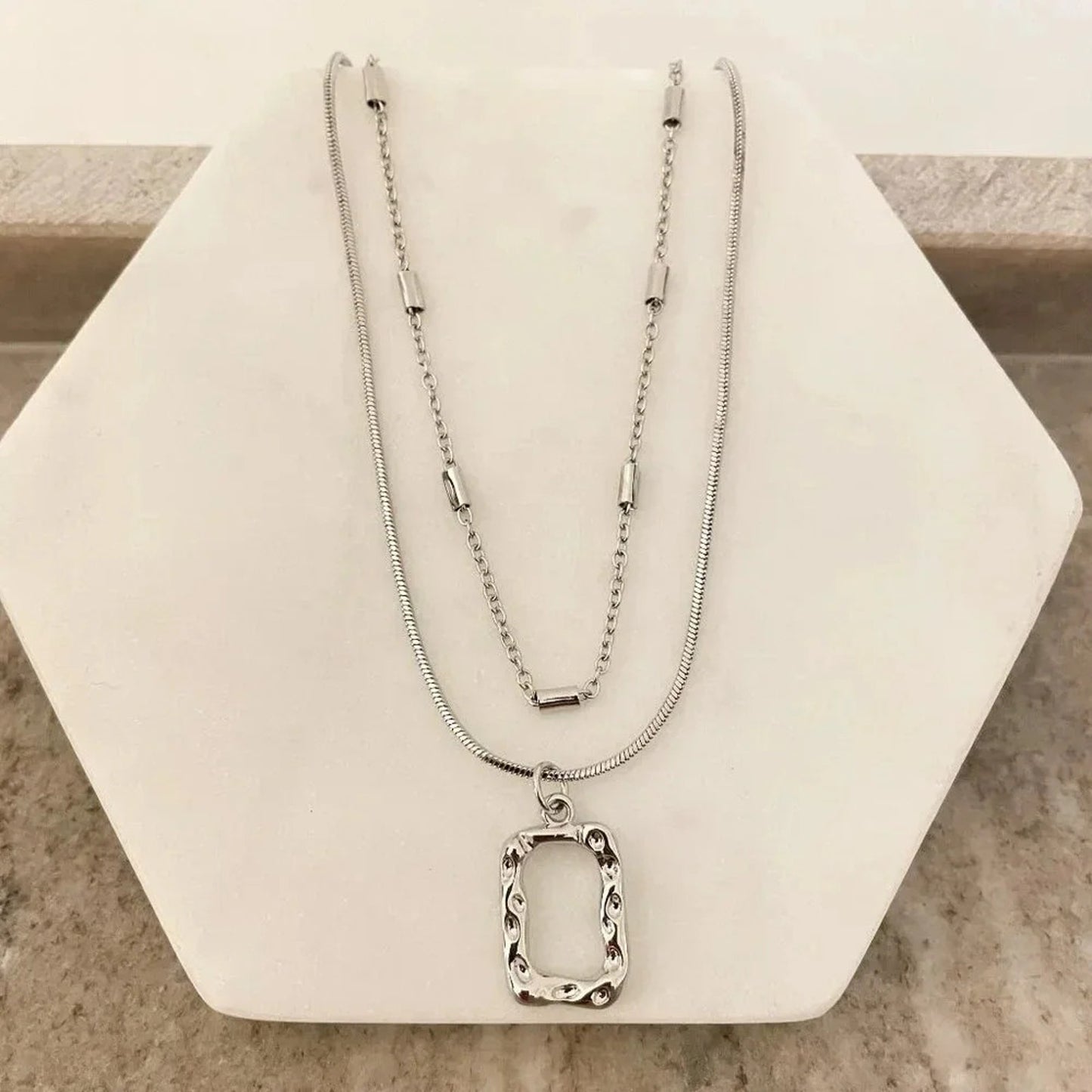 925 Sterling Silver Necklace Set Geometric Textured Square Pendant Sequin Chain