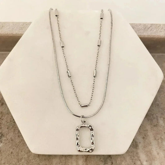 925 Sterling Silver Necklace Set Geometric Textured Square Pendant Sequin Chain