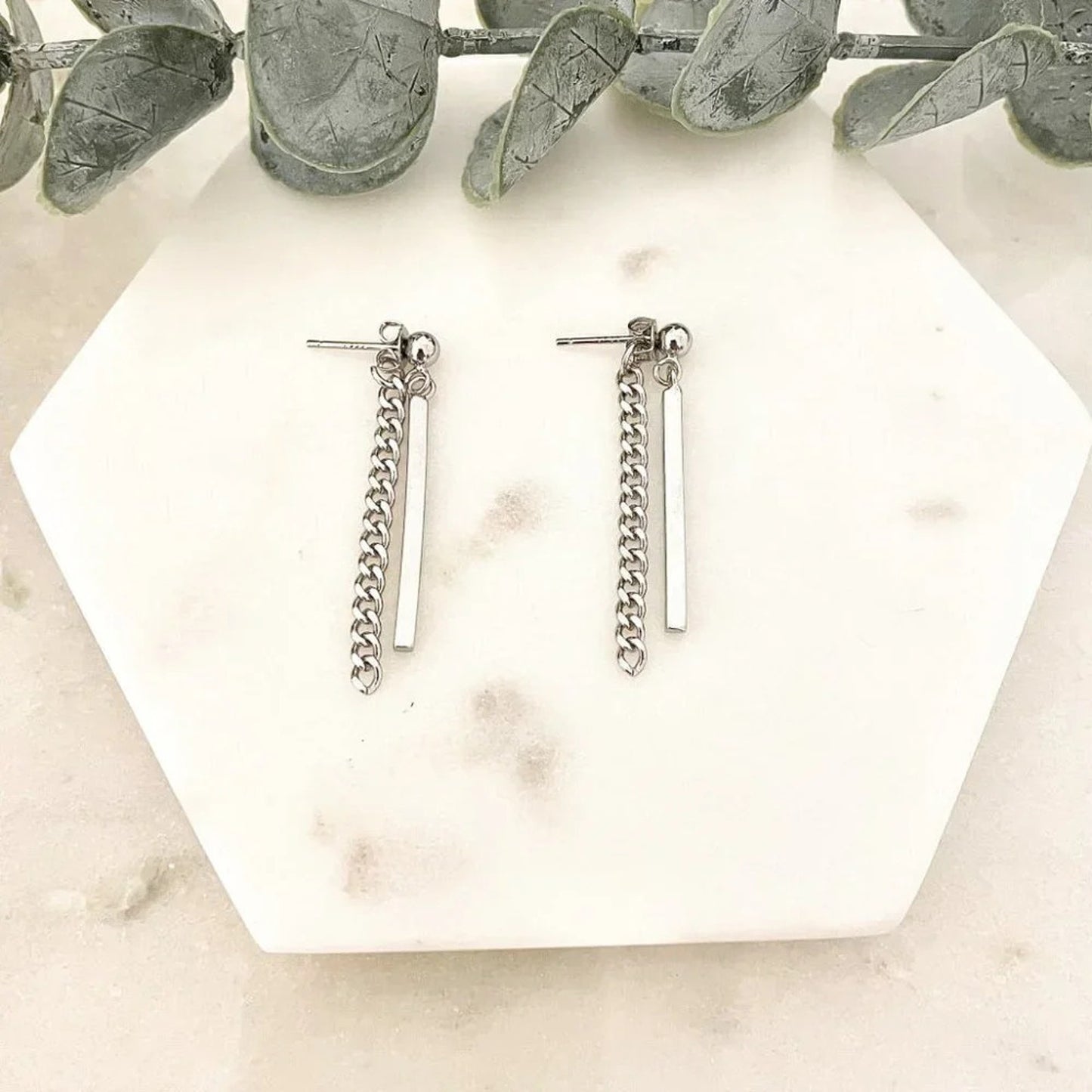 925 Sterling Silver Chain Drop Earrings Silver Bar Earrings Dangle Stud Earrings