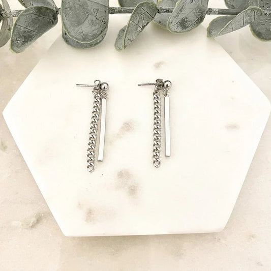 925 Sterling Silver Chain Drop Earrings Silver Bar Earrings Dangle Stud Earrings