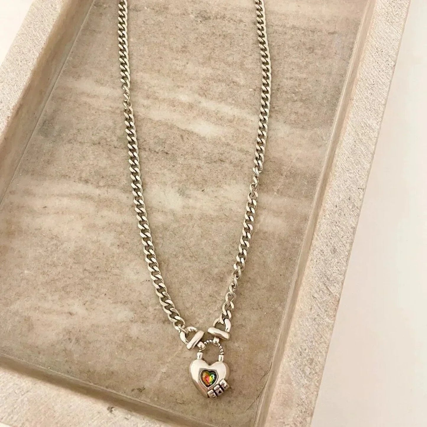 925 Sterling Silver Curb Chain Link Necklace Heart Necklace Heart Lock Chain