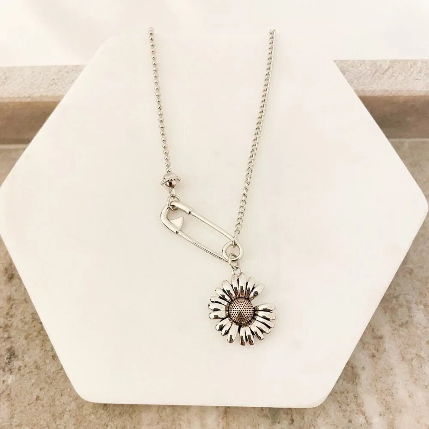 925 Sterling Silver Sunflower Necklace Modern Flower Necklace Paperclip Necklace