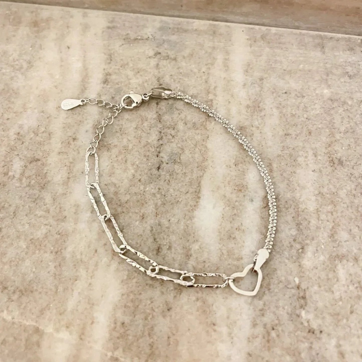 925 Sterling Silver Heart Bracelet Dainty Minimalist Layer Sequin Link Bracelet