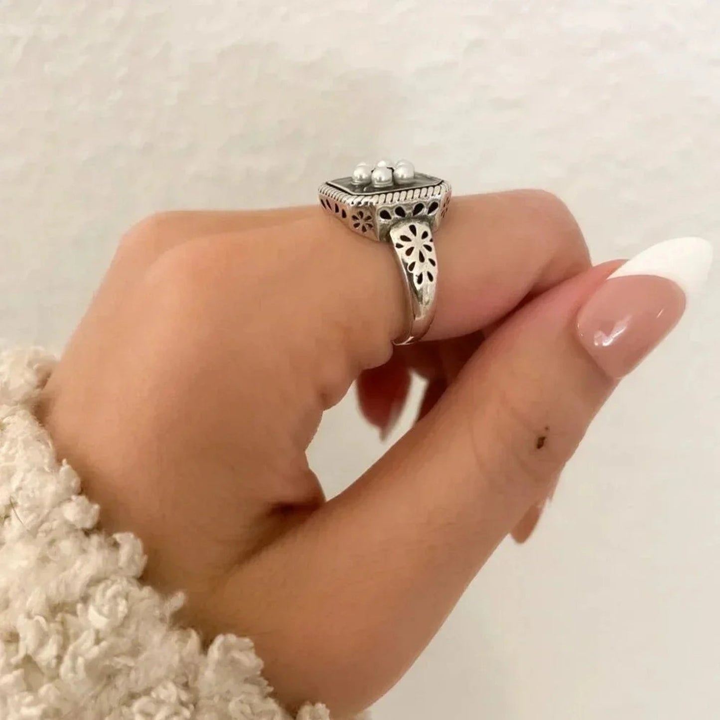 925 Sterling Silver Chunky Ring Statement Ring Pearl Ring Pearl Flower Ring